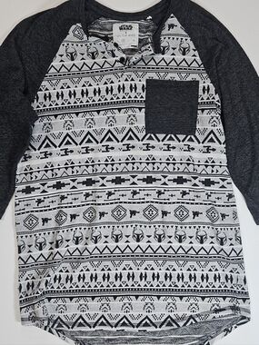 Star Wars Henley T-shirt Mens Medium Black Grey Casual Boba Fett Storm Trooper